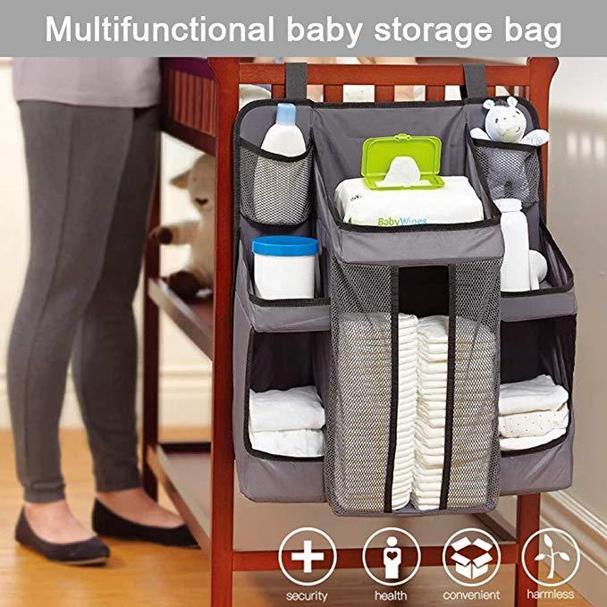 Crib Side Organizer – Baby Storage for Diapers, Wipes & Bottles